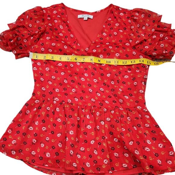 Madewell Red Tiered Sleeve Peplum Top Metallic Prairie Posies Ruffle 00 - Picture 8 of 10